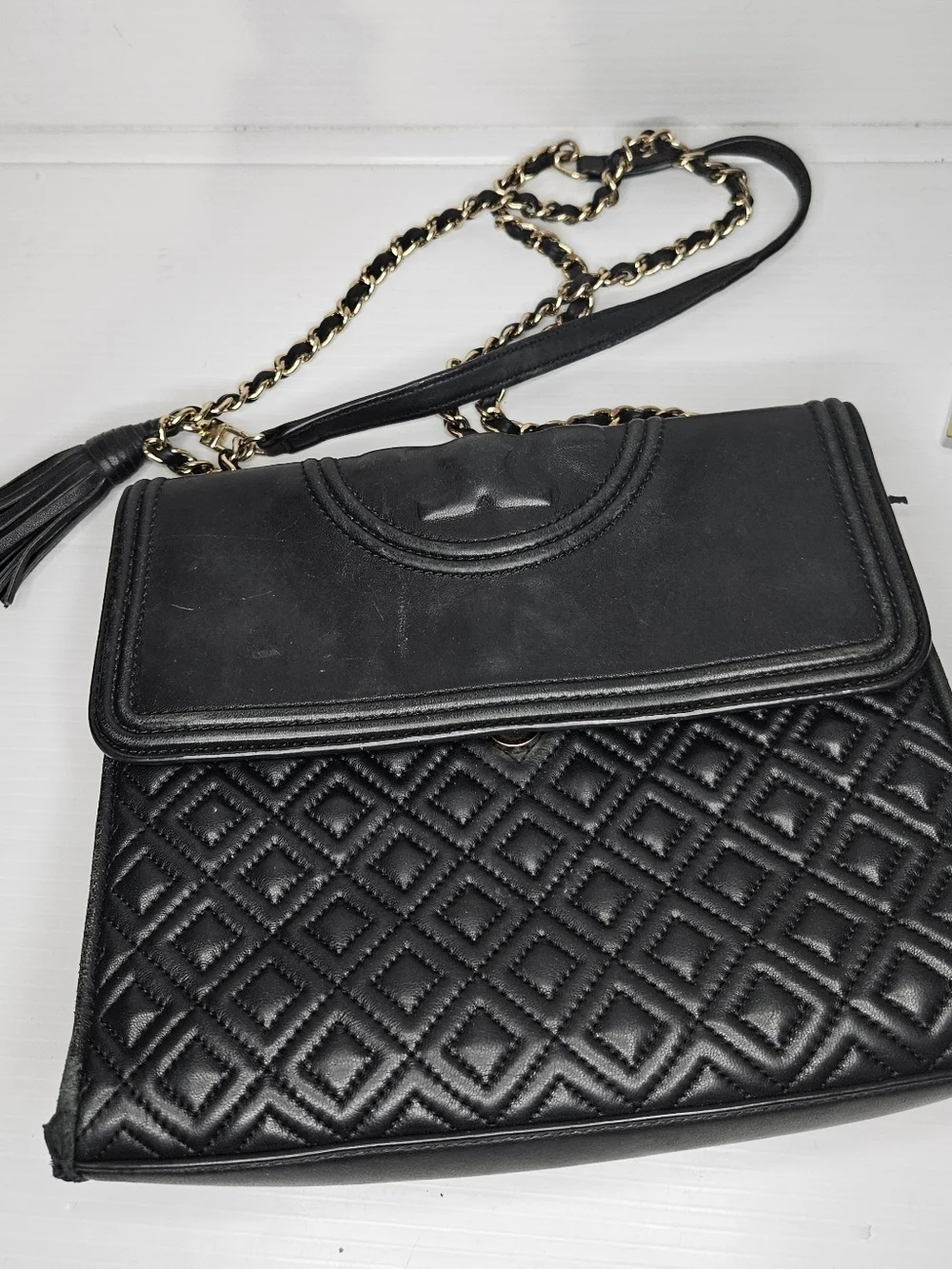 Tory Burch Fleming Black Quilted Leather Chain Shoulder/Crossbody Bag